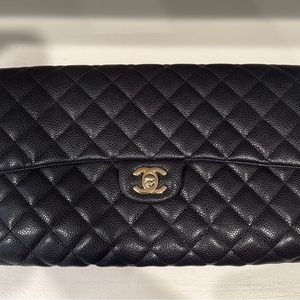 Authentic CHANEL Black Caviar Clutch with Gold Hardware